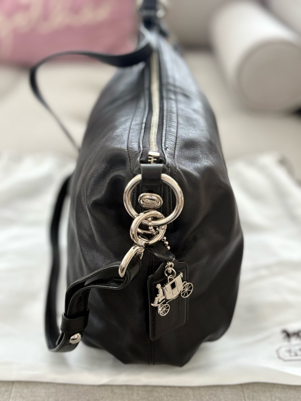 Coach Black Leather Shoulder Bag with Silver Charm Hardware - Picture 2 of 5